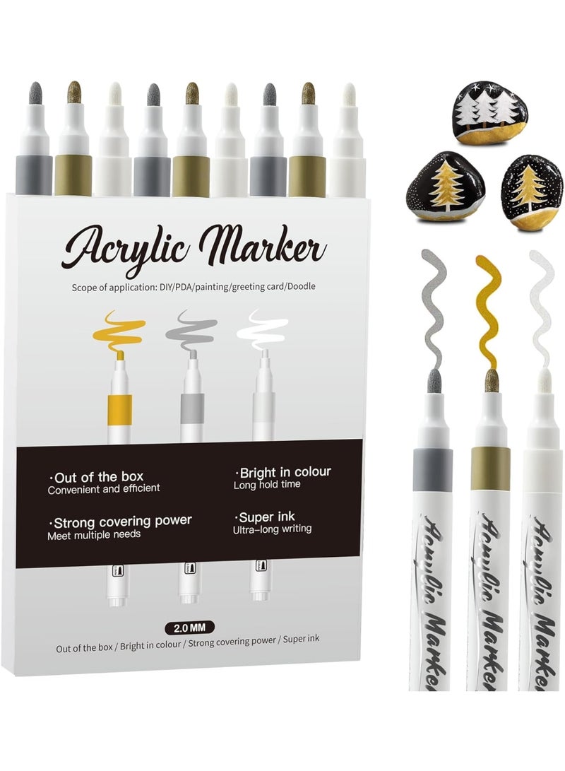 SOLARAE Acrylic Pens Markers, 9 Pack Graffiti Water Paint Pens, 2-3mm Medium Tip Colored Writing Brush for Drawing, Rock Painting, Wood, Plastic, Metal, Canvas, DIY Crafts, Gold, Silver, White - Image 1