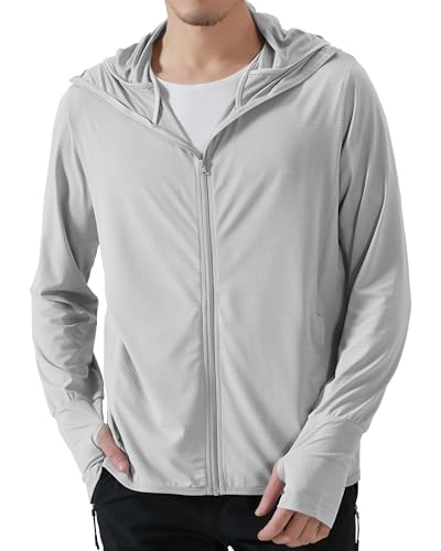 Locachy Mens UPF 50 Sun Protection Outdoor Lightweight Full Zip Hoodie Jacket Long Sleeve Fishing Hiking Performance Shirt Light Grey XL - Image 1