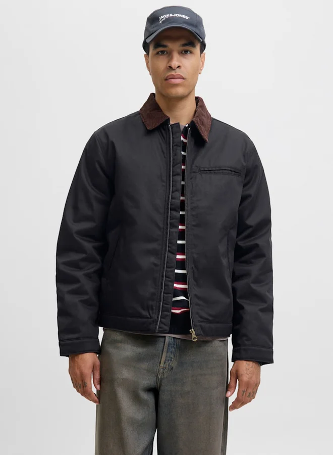 JACK & JONES Black Solid Zip-Up Worker Jacket