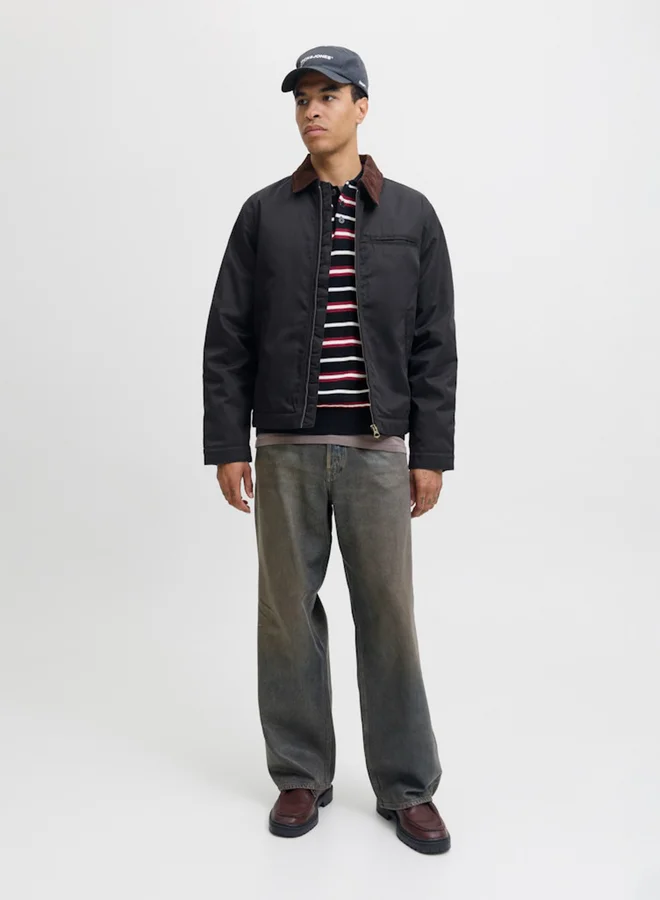 JACK & JONES Black Solid Zip-Up Worker Jacket