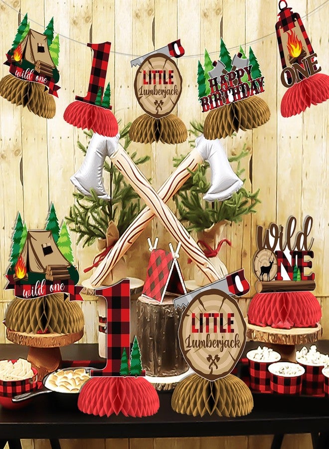 Funmemoir ديكورات عيد ميلاد حطاب لأول مرة - 8 قطع من قطع مركزية على شكل قرص العسل من Wild One Lumberjack، زينة عيد ميلاد أول للأولاد من Buffalo Plaid Hunting Camping Bear Adventure Woodland - Image 4