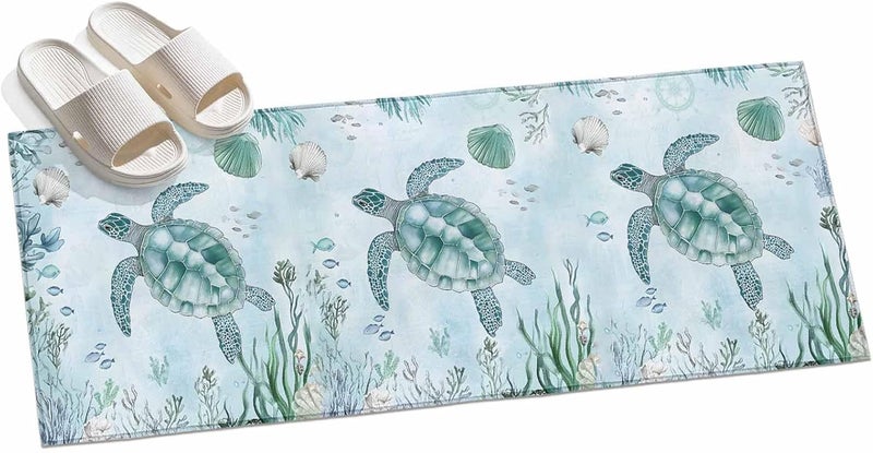 Hallway Runner Rug 2'x6', Cyan Ocean Turtle Washable Bathroom Area Rugs for Kitchen Bedroom Laundry, Nautical Beach Animal Coral Shell Non Slip Door Mat Indoor Entrance Floor Throw Bedsides Carpet - Image 3