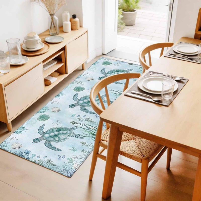 Hallway Runner Rug 2'x6', Cyan Ocean Turtle Washable Bathroom Area Rugs for Kitchen Bedroom Laundry, Nautical Beach Animal Coral Shell Non Slip Door Mat Indoor Entrance Floor Throw Bedsides Carpet - Image 4