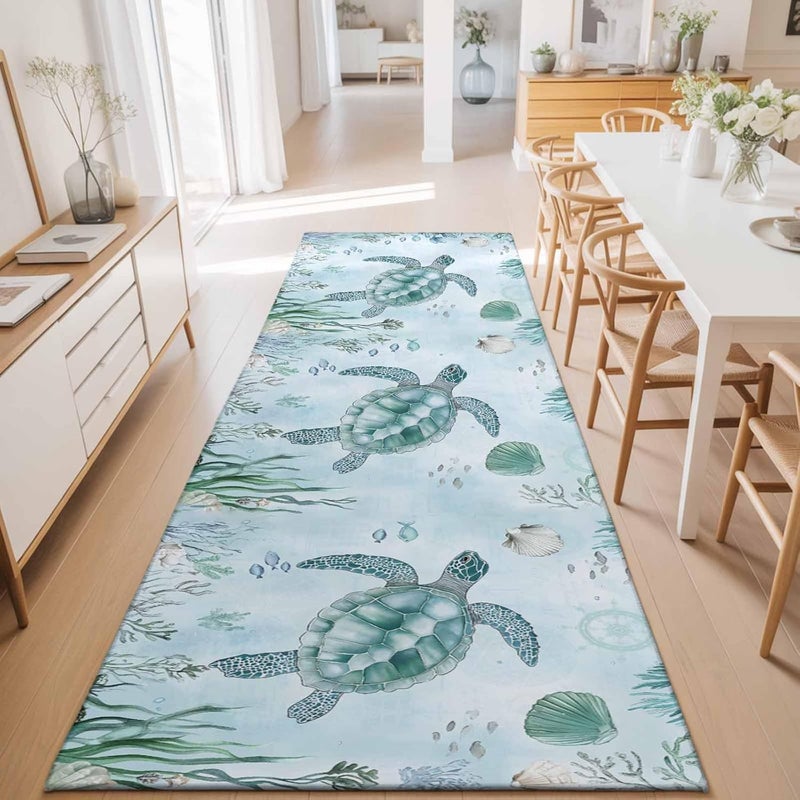 Hallway Runner Rug 2'x6', Cyan Ocean Turtle Washable Bathroom Area Rugs for Kitchen Bedroom Laundry, Nautical Beach Animal Coral Shell Non Slip Door Mat Indoor Entrance Floor Throw Bedsides Carpet - Image 5
