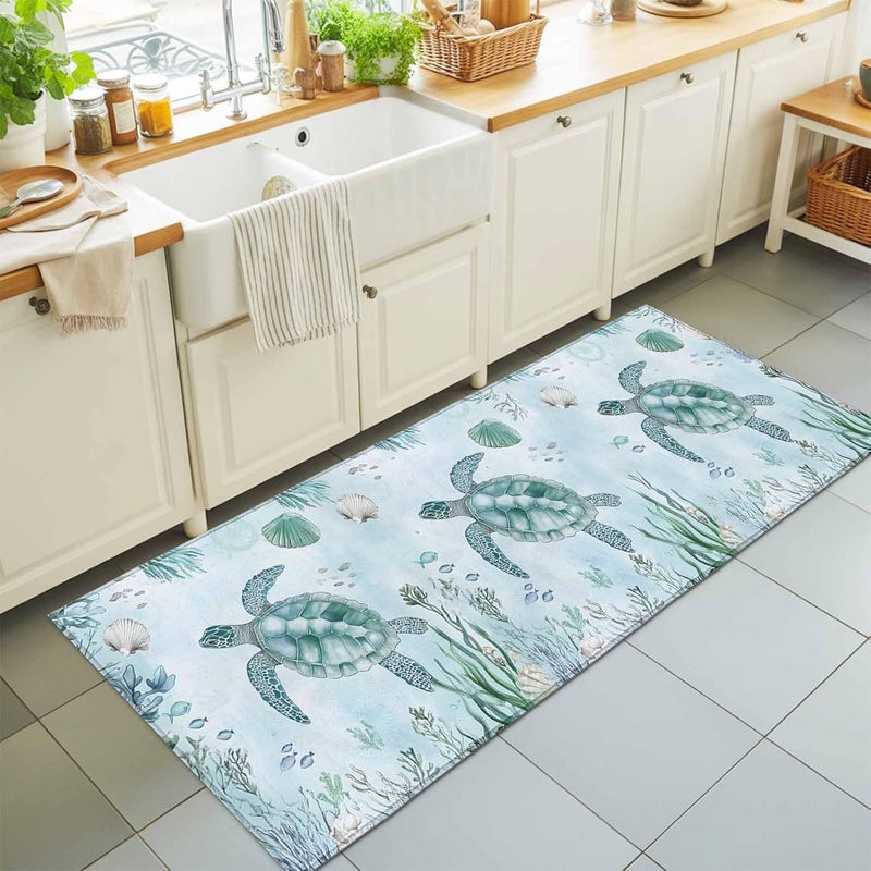 Hallway Runner Rug 2'x6', Cyan Ocean Turtle Washable Bathroom Area Rugs for Kitchen Bedroom Laundry, Nautical Beach Animal Coral Shell Non Slip Door Mat Indoor Entrance Floor Throw Bedsides Carpet - Image 1