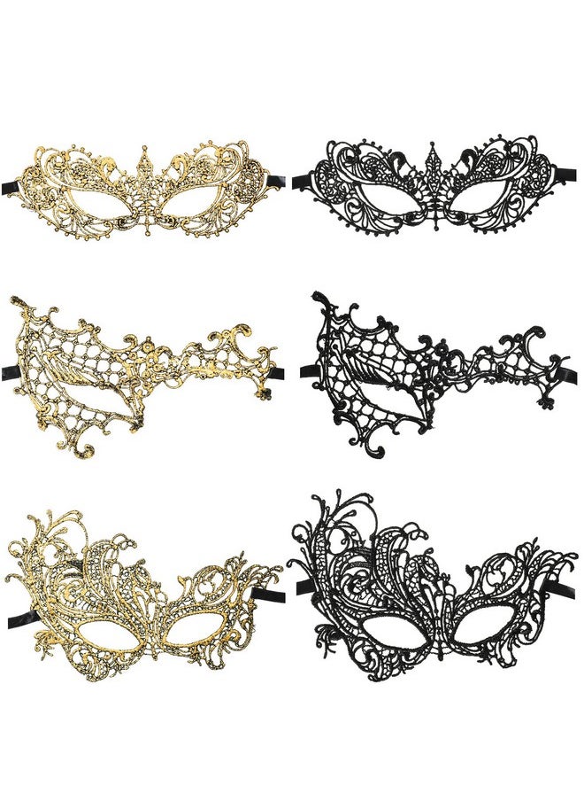 Cindeer - 6 Pcs Masquerade Mask For Women, Venetian Lace Eye Mask Gold And Black Lace Mask For Prom Ball Costume Party Supplies (Classic Style) - Image 1
