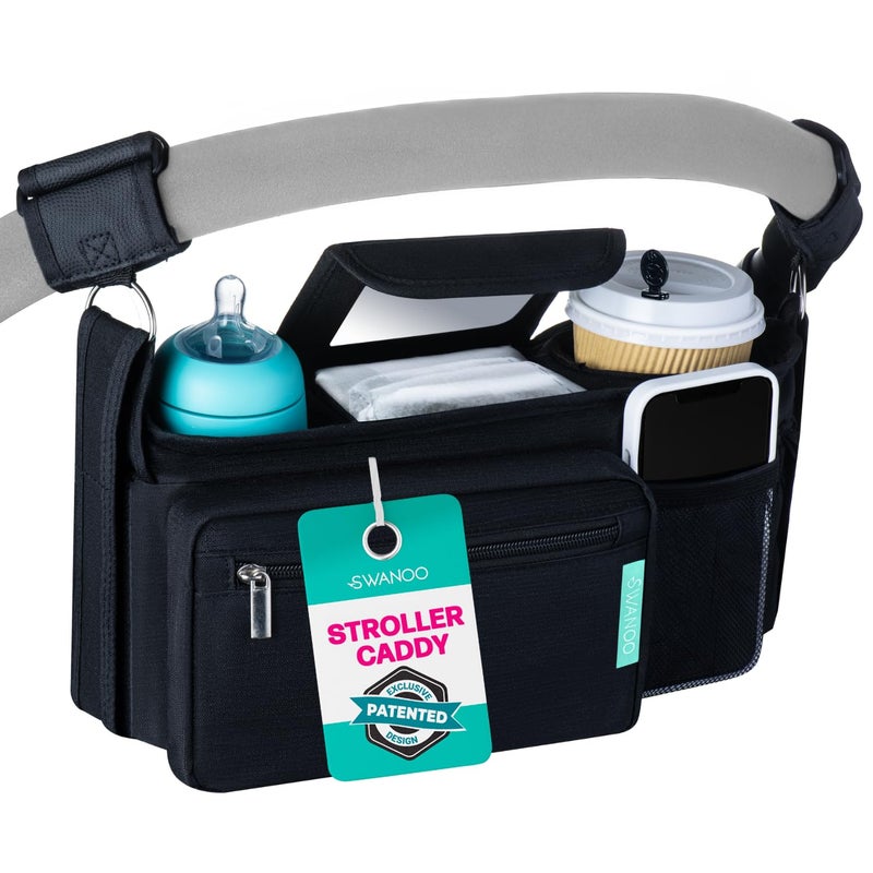 Swanoo Stroller Caddy Stroller Organizer With Cup Holder Non Slip Straps Stroller Bag for Phone Pet Stroller Accessories Universal Fits Uppababby Vista v2 Wonderfold Wagon Doona and More