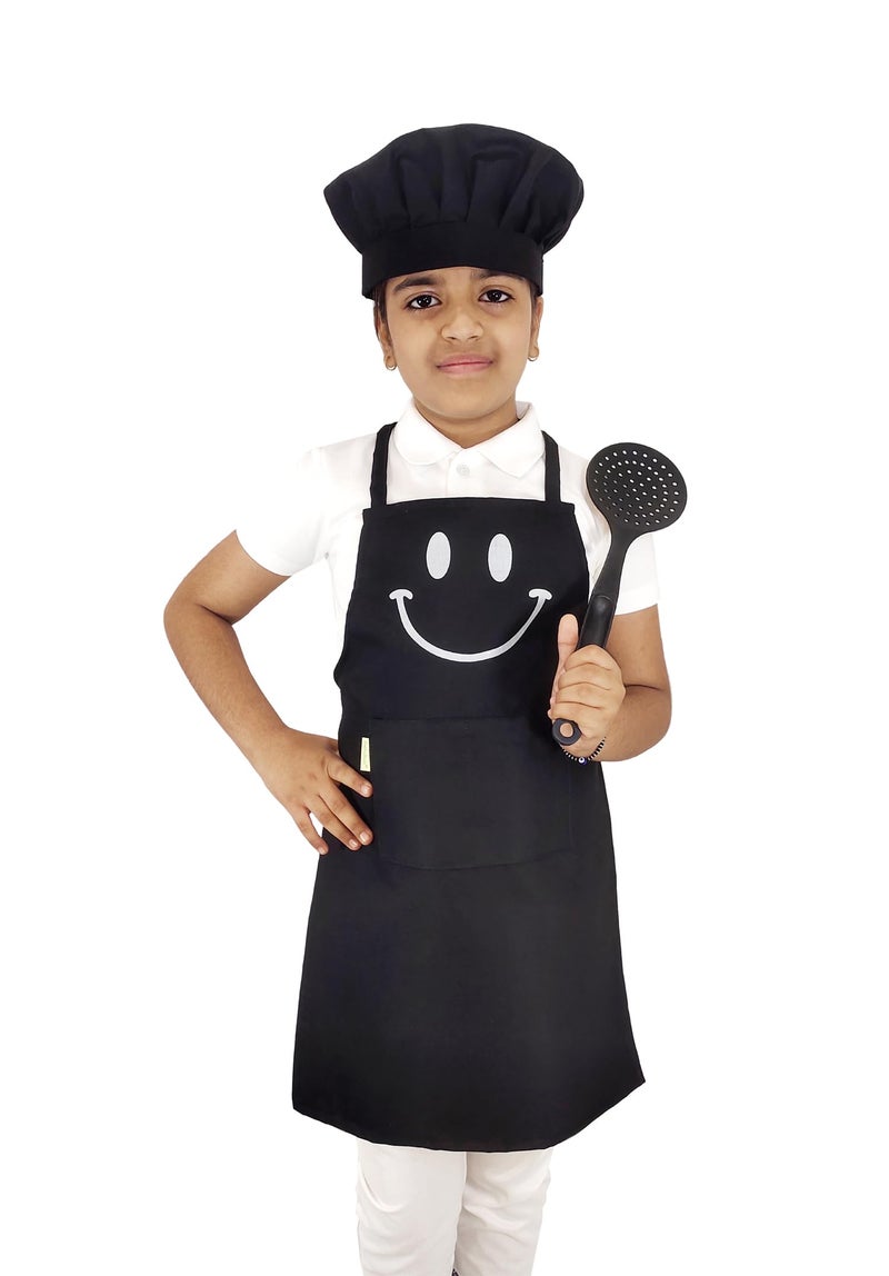 Switchon Polyester Waterproof Adjustable Kids Multi purpose Cooking Apron with a chef cap School Apron - for 6 years to 12 years Proudly made in india (Black) - Image 1