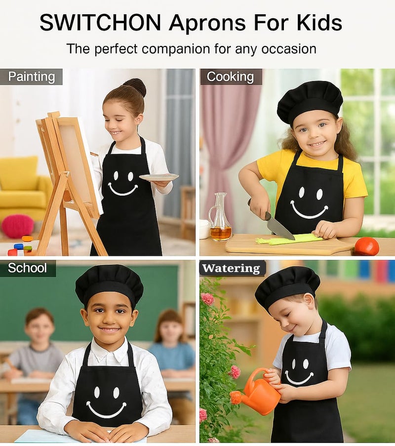 Switchon Polyester Waterproof Adjustable Kids Multi purpose Cooking Apron with a chef cap School Apron - for 6 years to 12 years Proudly made in india (Black) - Image 4