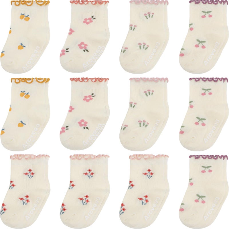 Aroveea Non Slip Grip Ankle Baby Socks 12 Pack for Toddler Boys and Girls Kids Infant Baby Cute Cotton Socks - Image 1