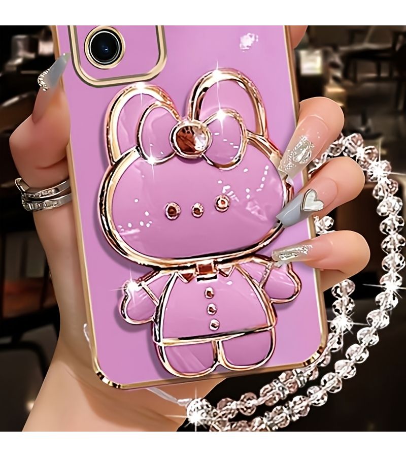 Purple Cute Rabbit Phone Stand with Makeup Mirror Adhesive Mount for Phones - Image 3
