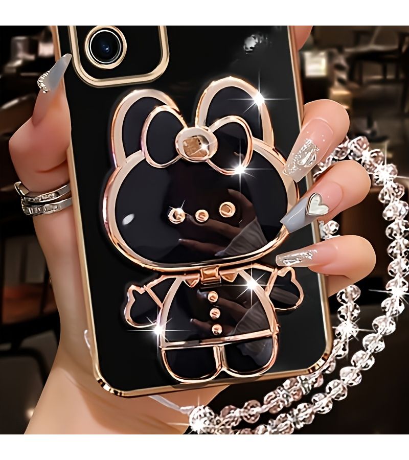 Purple Cute Rabbit Phone Stand with Makeup Mirror Adhesive Mount for Phones - Image 1