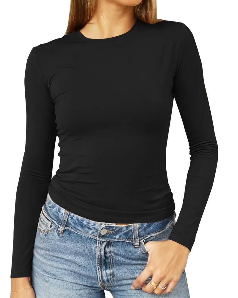 Abardsion Women's Long Sleeve Shirts Spring 2026 Casual Basic Going Out Crop Tops Slim Fit Tight Y2K Clothes(Black, L) - Image 1