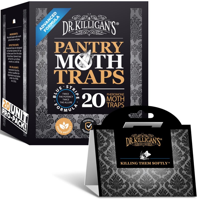 Dr. Killigan's Premium Double Potent Pantry Moth Traps with Pheromones Prime, Sticky Indian Meal Moth Traps for Kitchen, How to Get Rid of Moths in House (20 Pack, Black) - Image 1
