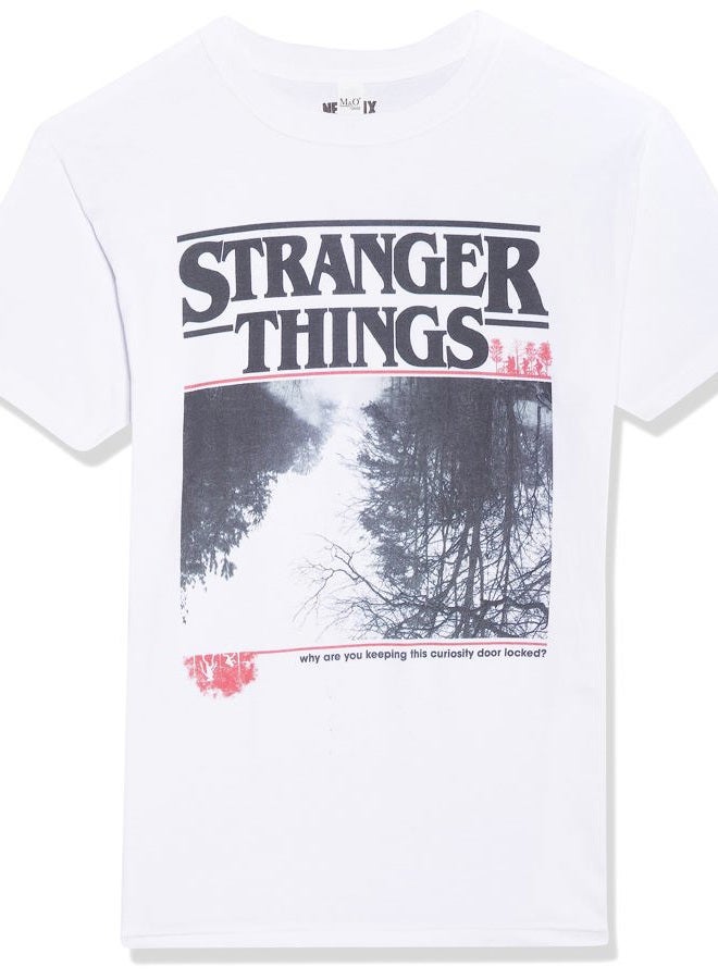 Stranger Things Men's Upside Photo Basic Solid Tee, White, XL - Image 1