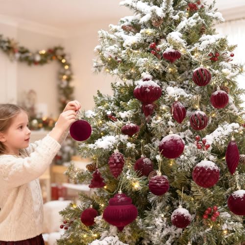 CUPLOOV 18Pcs Velvet Christmas Tree Ornaments Set Wine Red Shatterproof Flocked Christmas Decorations Bulk for Tree Burgundy Decorative Hanging Ball Ornaments for Xmas Holiday Home Party Decor - Image 3