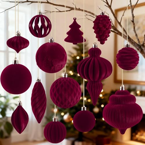 CUPLOOV 18Pcs Velvet Christmas Tree Ornaments Set Wine Red Shatterproof Flocked Christmas Decorations Bulk for Tree Burgundy Decorative Hanging Ball Ornaments for Xmas Holiday Home Party Decor - Image 1