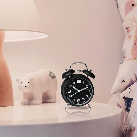 Rylan Metal Frame Retro Twin Bell 3D Dial Alarm Clock with Night Backlight Function and Silent Motion, High Volume Bedside Luminous Alarm for Students Bedroom/Office (Midnight Black) - Image 3