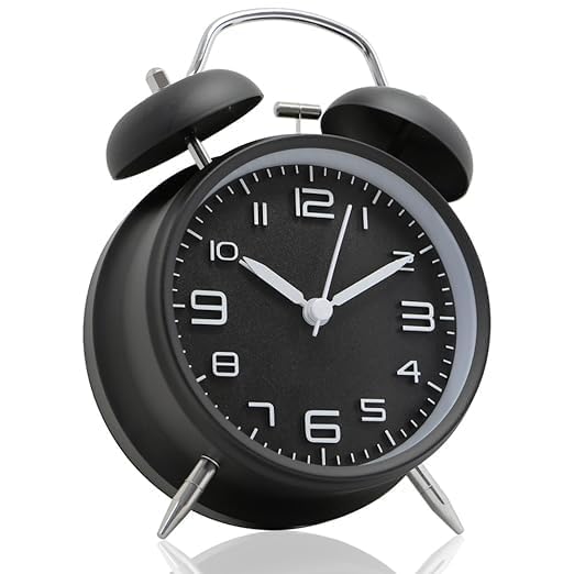 Rylan Metal Frame Retro Twin Bell 3D Dial Alarm Clock with Night Backlight Function and Silent Motion, High Volume Bedside Luminous Alarm for Students Bedroom/Office (Midnight Black) - Image 5
