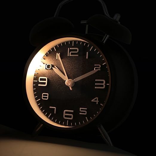 Rylan Metal Frame Retro Twin Bell 3D Dial Alarm Clock with Night Backlight Function and Silent Motion, High Volume Bedside Luminous Alarm for Students Bedroom/Office (Midnight Black) - Image 2