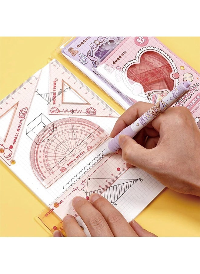 8-Piece Flexible Ruler Set - 15cm/6" Plastic Ruler and Triangle, Shatterproof, Soft and Bendable with Protractor - Math and Geometry Tools - Purple and Pink - Image 2