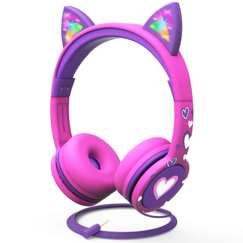 FosPower Kids Headphones with LED Cat Ears (85dB Safe Volume Limit), 3.5mm Soft On-Ear Wired Headphones with Tangle-Free Laced Cables for iPad/Tablet/School/Travel - Hot Pink/Purple - Image 1