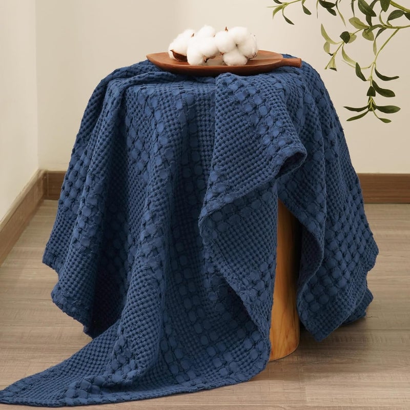 PHF 100% Cotton Waffle Weave Throw Blanket, Soft Lightweight Breathable Cozy Summer Throws for Couch Bed Sofa, Luxury Aesthetic Woven Blanket for Home Decor & Office, 50"x60", Bright Navy - Image 4