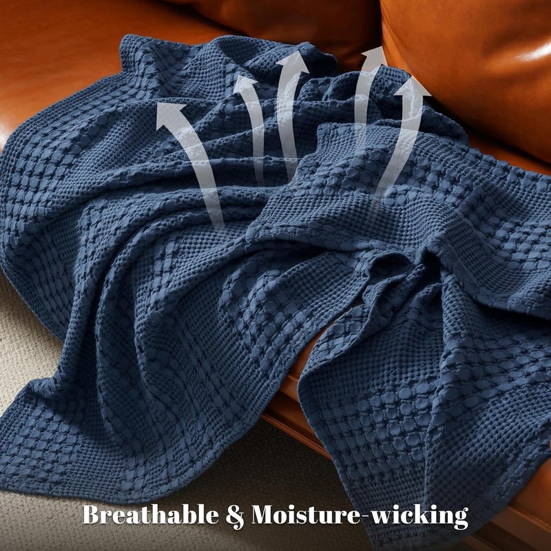 PHF 100% Cotton Waffle Weave Throw Blanket, Soft Lightweight Breathable Cozy Summer Throws for Couch Bed Sofa, Luxury Aesthetic Woven Blanket for Home Decor & Office, 50"x60", Bright Navy - Image 3