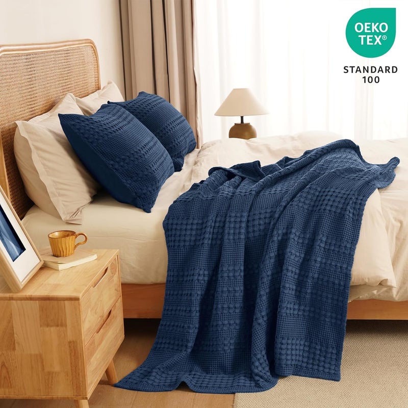 PHF 100% Cotton Waffle Weave Throw Blanket, Soft Lightweight Breathable Cozy Summer Throws for Couch Bed Sofa, Luxury Aesthetic Woven Blanket for Home Decor & Office, 50"x60", Bright Navy - Image 5