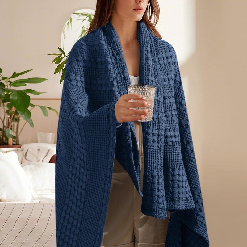 PHF 100% Cotton Waffle Weave Throw Blanket, Soft Lightweight Breathable Cozy Summer Throws for Couch Bed Sofa, Luxury Aesthetic Woven Blanket for Home Decor & Office, 50"x60", Bright Navy - Image 2