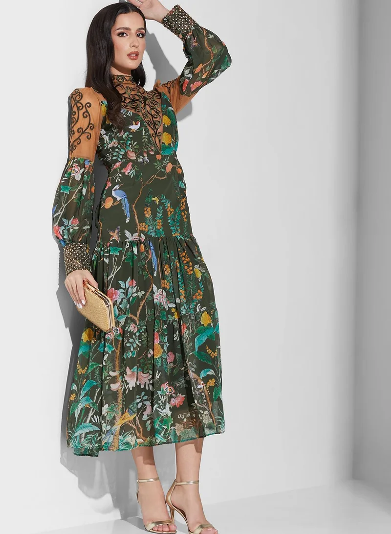 Threadz by Ajooni Floral Print Tiered Dress