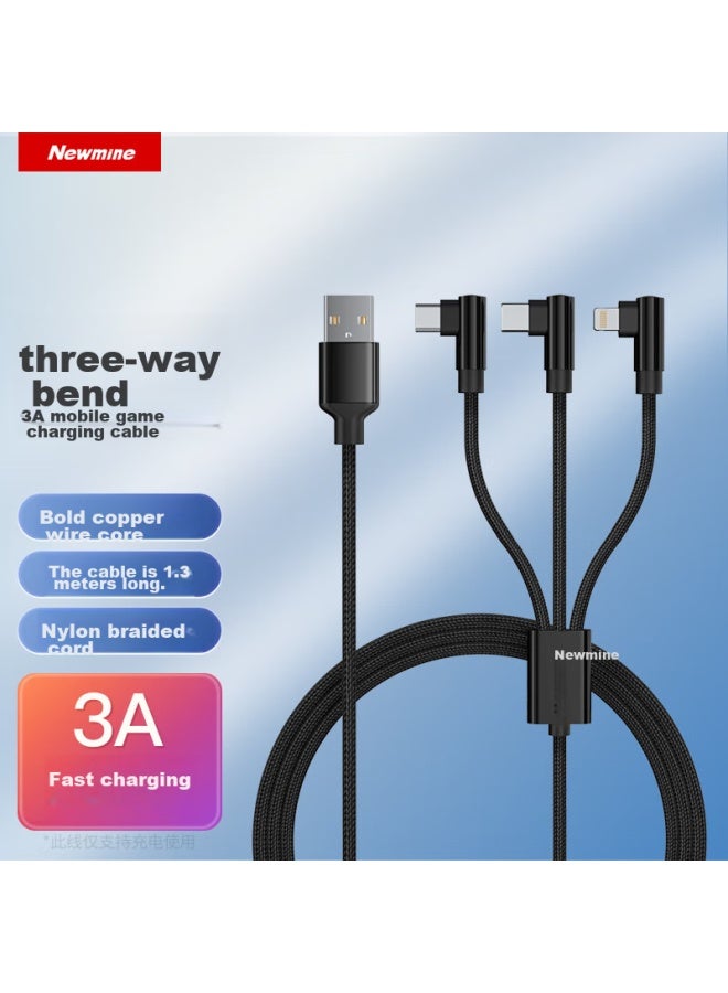 Newmine Three-in Gaming Charging Cable For Apple, Android, And Type-c With Angled Head, Compatible With Iphone 14/13/12 Pro Max, Xiaomi, Huawei Phones - Image 1