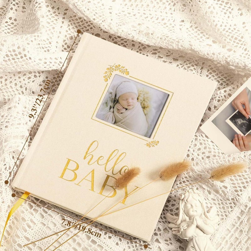 Lanpn Hello Baby Memory Book Newborn First 5 Year Keepsake with DIY Window Linen Baby Book Memories Journal Scrapbook Photo Book Baby Milestone Album for Boy Girl New Parents Beige 154 Pages - Image 2