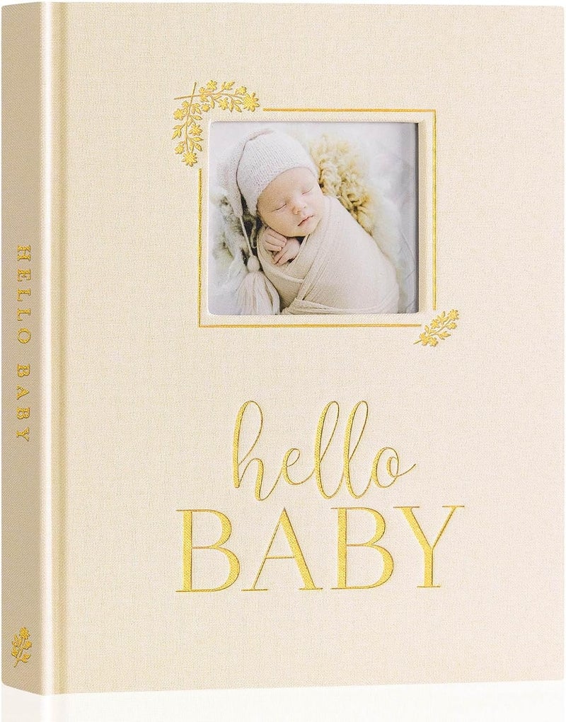 Lanpn Hello Baby Memory Book Newborn First 5 Year Keepsake with DIY Window Linen Baby Book Memories Journal Scrapbook Photo Book Baby Milestone Album for Boy Girl New Parents Beige 154 Pages - Image 1