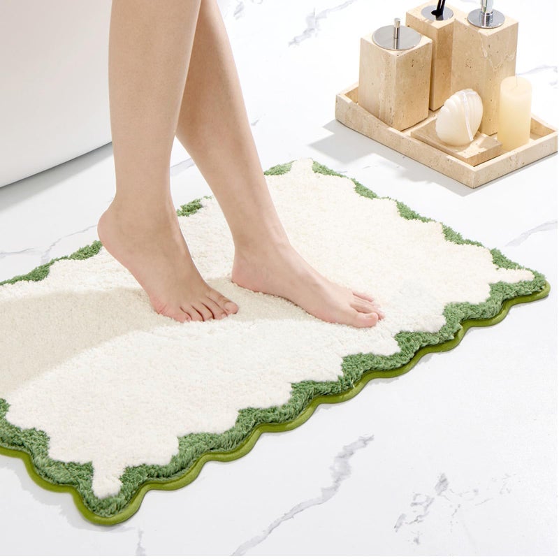 ORTIGIA Scalloped Green Bath Mat Non Slip Washable for Bathroom, Quick Dry Absorbent Plush Microfiber Bath Mats, White and Green Bathmat for Bathtub Shower, Floor Carpet for Sink Bedroom, 20x32 - Image 1