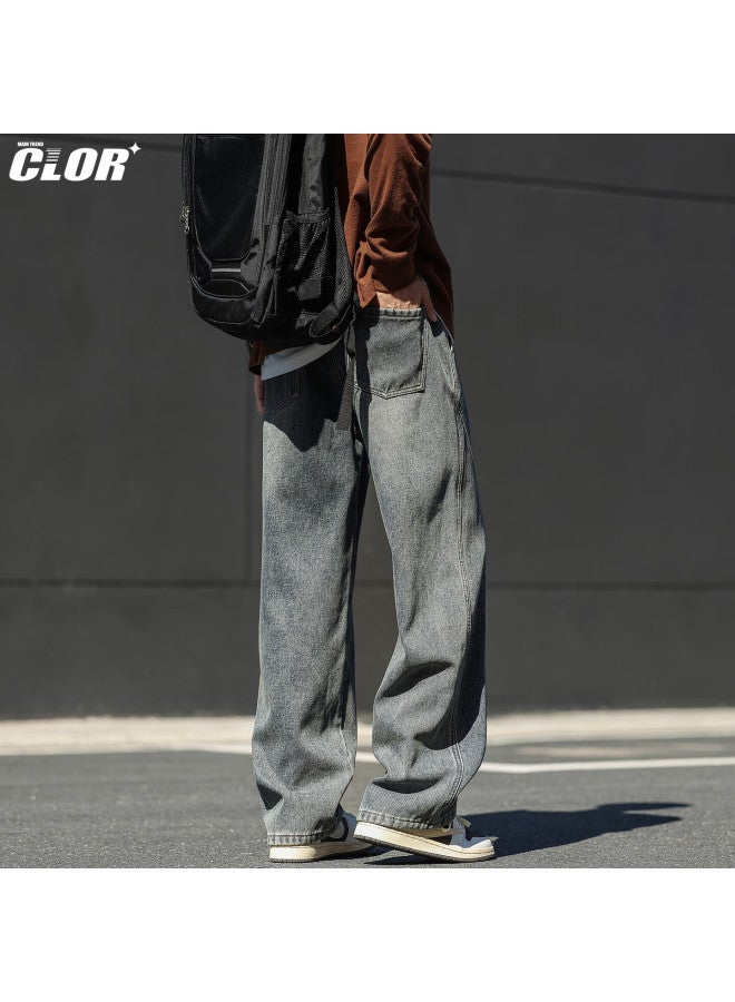 Clor American High Street Curved Blade Jeans Men Autumn Winter Straight Loose Vintage Casual Wide Leg Pants Nz24 Nostalgic Blue 2XL - Image 2