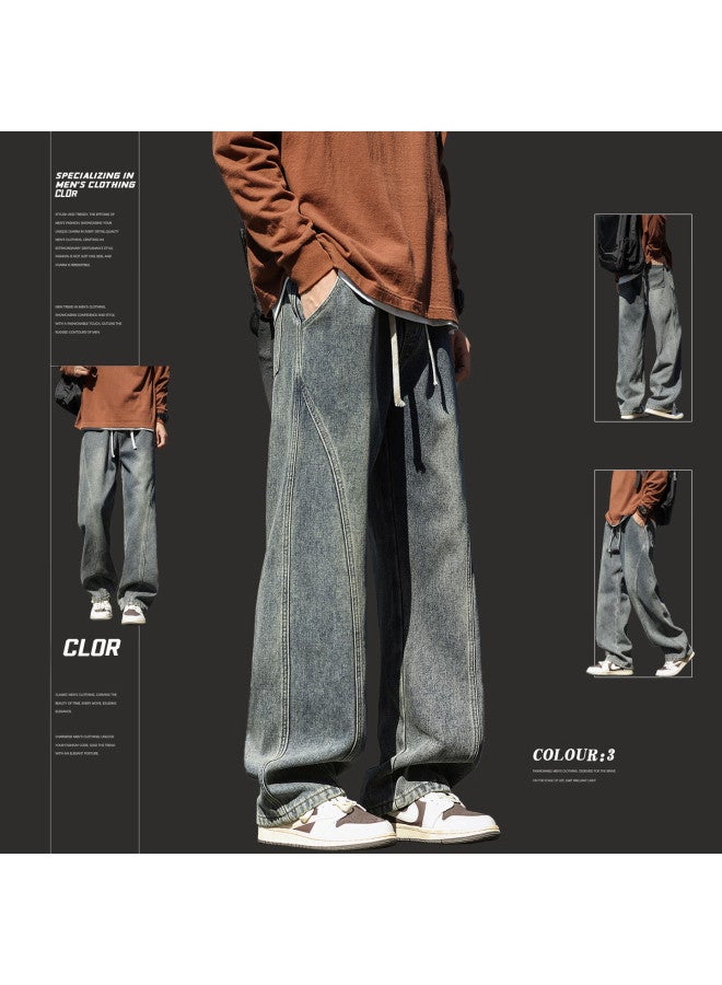 Clor American High Street Curved Blade Jeans Men Autumn Winter Straight Loose Vintage Casual Wide Leg Pants Nz24 Nostalgic Blue 2XL - Image 1