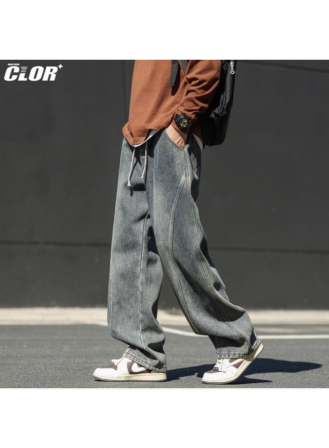 Clor American High Street Curved Blade Jeans Men Autumn Winter Straight Loose Vintage Casual Wide Leg Pants Nz24 Nostalgic Blue 2XL - Image 3
