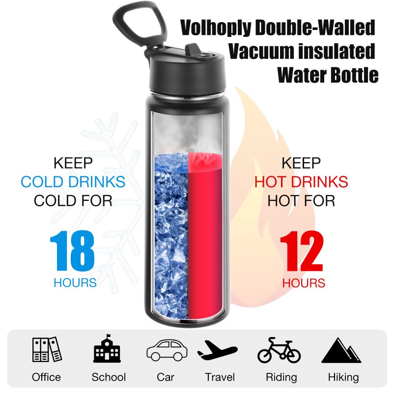 Volhoply Insulated Water Bottles With Straw Bulk 8 Pack  22 Oz Stainless Steel Sports Bottle With Lid Double Walled Vacuum Metal Cups With Wide Mouth  Reusable Water Flask For School(Black 8 Set) - Image 5