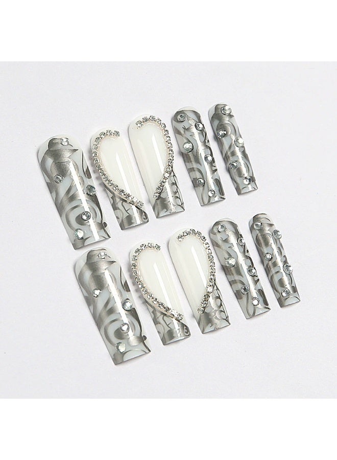 Goolsky Wholesale Press-on Nails, Long Square gray French Style with 3D Heart and Crushed Diamond Accents - Image 5