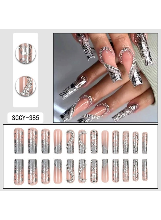 Goolsky Wholesale Press-on Nails, Long Square gray French Style with 3D Heart and Crushed Diamond Accents - Image 1