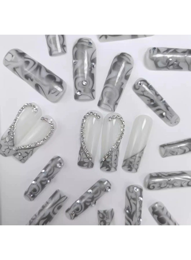 Goolsky Wholesale Press-on Nails, Long Square gray French Style with 3D Heart and Crushed Diamond Accents - Image 3