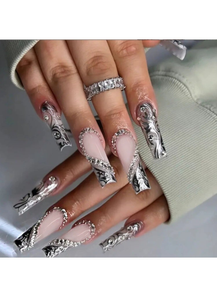 Goolsky Wholesale Press-on Nails, Long Square gray French Style with 3D Heart and Crushed Diamond Accents - Image 2
