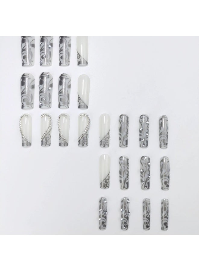 Goolsky Wholesale Press-on Nails, Long Square gray French Style with 3D Heart and Crushed Diamond Accents - Image 4