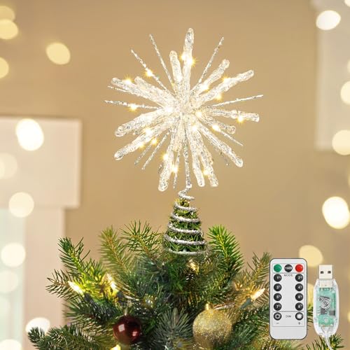 Luxspire Christmas Tree Topper Crystal Lighted Christmas Tree Star with Remote USB Starburst Tree Topper for Home Holiday Decor 6H Timer 8 Lighting Modes Starburst StarSilver - Image 1