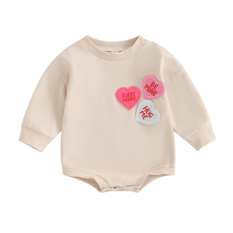 LAGKIYOJ Baby Girl Valentines Day Outfit Heart Embroidery Bubble Romper Long Sleeve Crewneck Sweatshirt Infant Spring Clothes (Apricot Heart, 3-6 Months) - Image 1