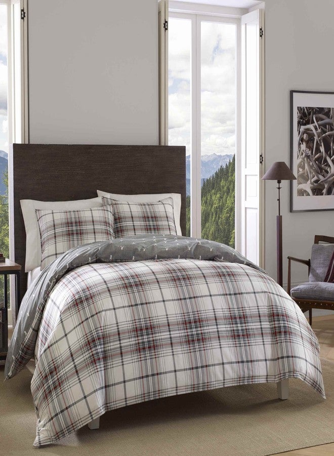 Eddie Bauer - King Comforter Set, Reversible Cotton Bedding with Matching Shams, Plaid Bedding Set (Alder Red/Grey, King) - Image 2