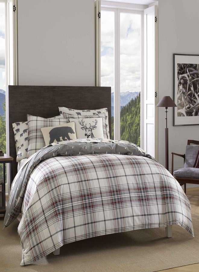 Eddie Bauer - King Comforter Set, Reversible Cotton Bedding with Matching Shams, Plaid Bedding Set (Alder Red/Grey, King) - Image 1