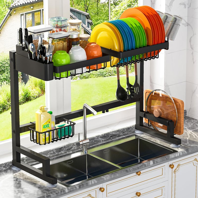 ADBIU Fit Sink 245 355 L Over Sink Dish Drying Rack Expandable Dimension SnapOn Design 2 Tier Large Kitchen Dish Rack Stainless Steel Counter Organization and Storage