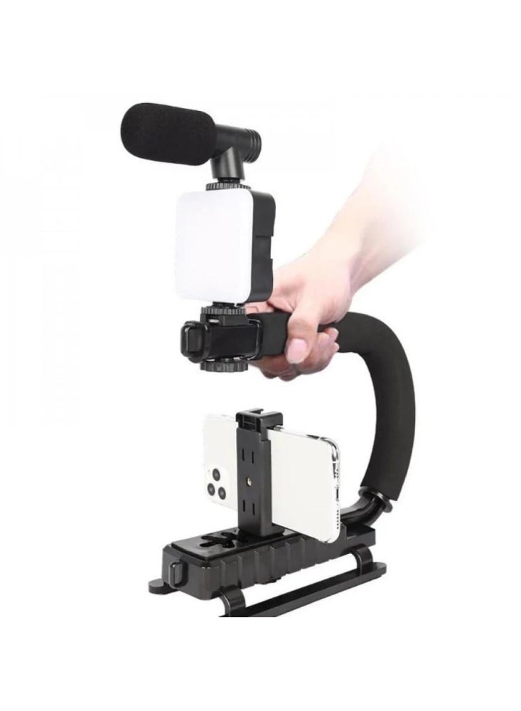 مثبت انحراف ومانع اهتزاز لتصوير فيديو محمول باليد للهاتف الذكي مع حامل ثلاثي وميكروفون وإضاءة LED - Image 1